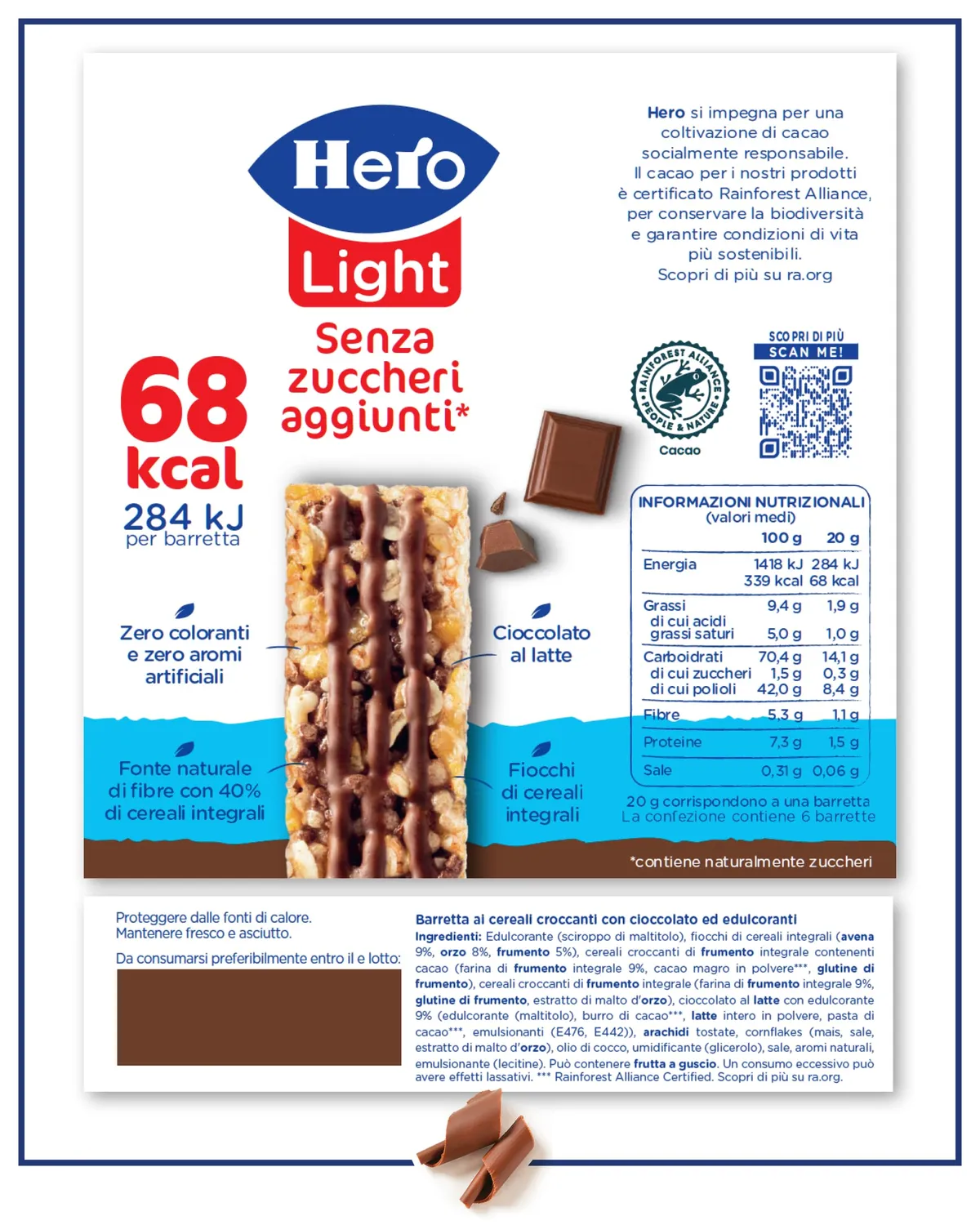 Hero Light Cioccolato barrette cereali 60x20g senza zuccheri