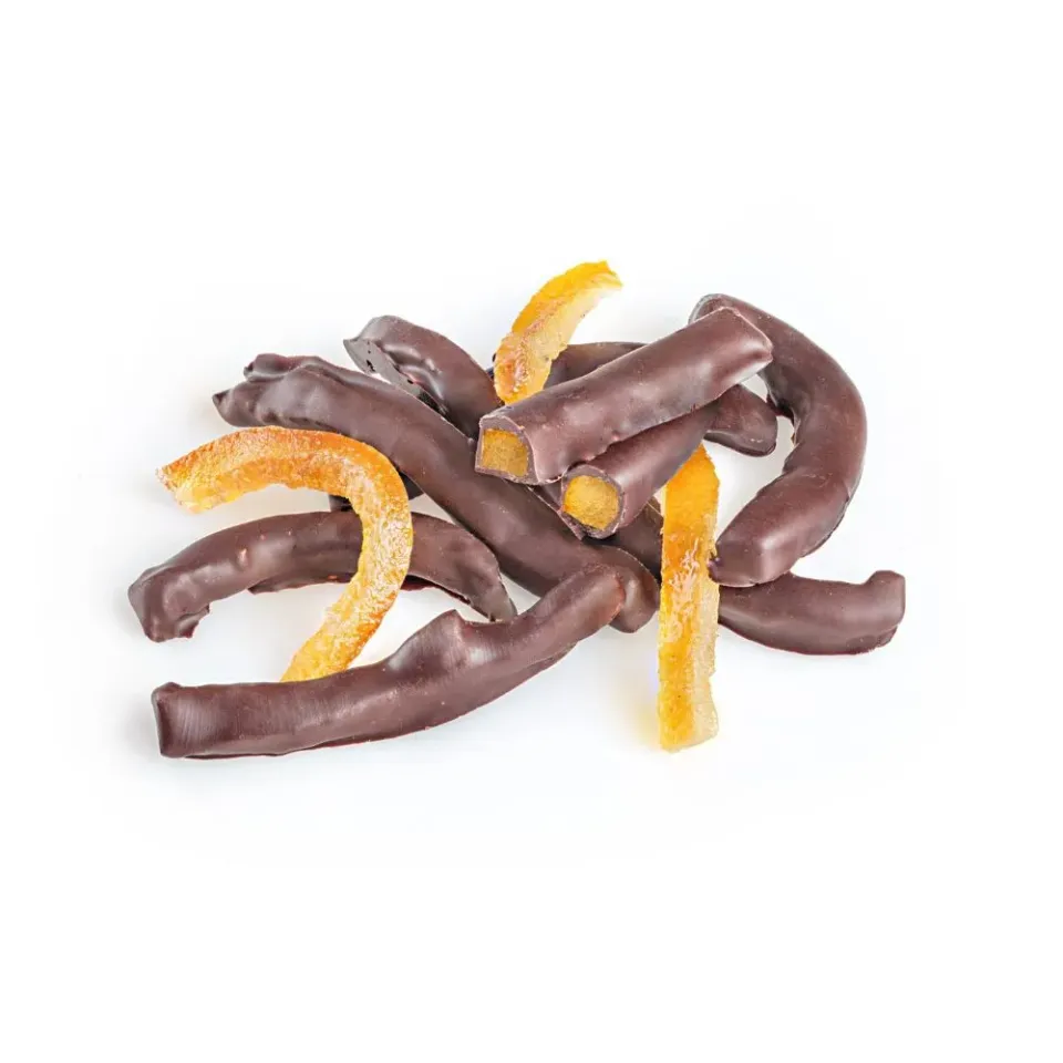 Stringhetto Filetti di Arancia Candita con Fondente 72% cioccolato